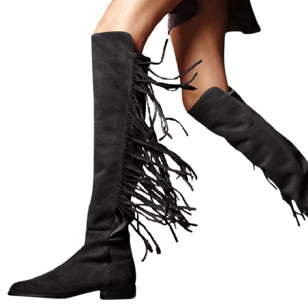Stuart Weitzman Black Suede Fringe Boots